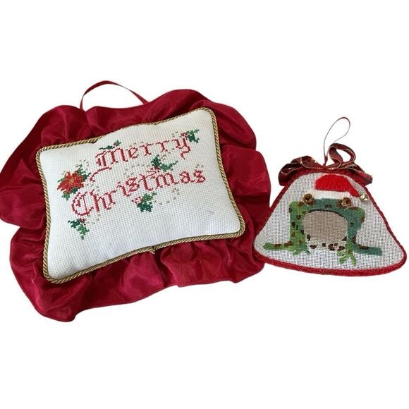 Needle Point Christmas Pillow and Frog - Picture 1 of 2